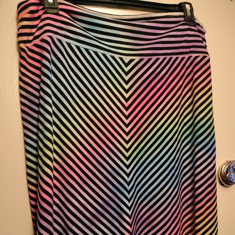 Upcycled Art! Rainbow Chevron striped black and multi-colored midi skater skirt